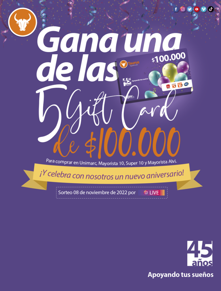 Participa en nuestro sorteo aniversario para ganar unas de las 5 gift card de $100.000.-